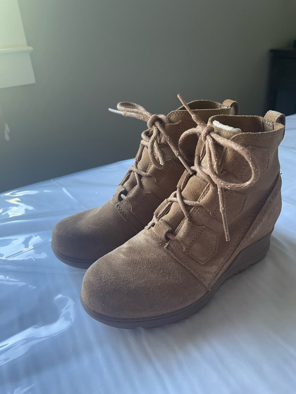 Sorel Lace-Up Suede Wedge Ankle Boots in camel